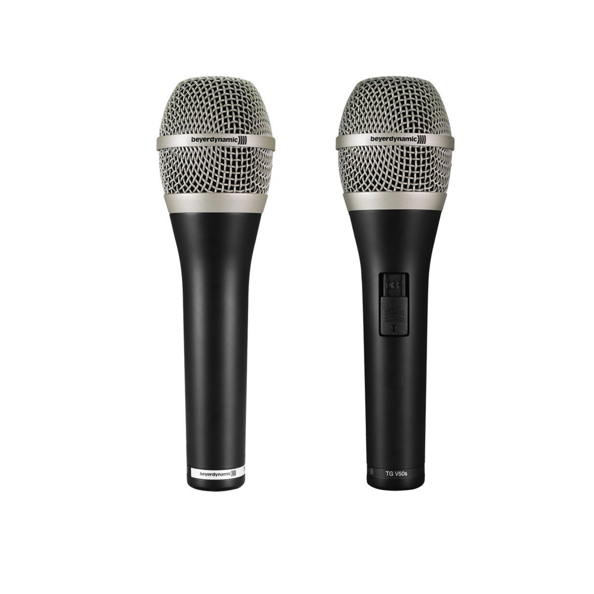 Front and back views of two black and silver handheld microphones with mesh heads and slider switches.