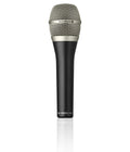 Black and silver microphone with a mesh grille and the brand name beyerdynamic on the grille band.