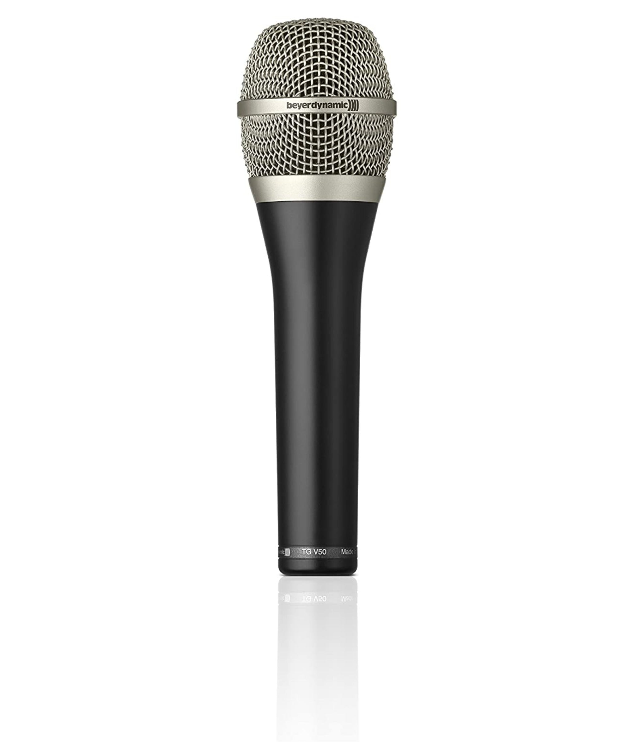 Black and silver microphone with a mesh grille and the brand name beyerdynamic on the grille band.