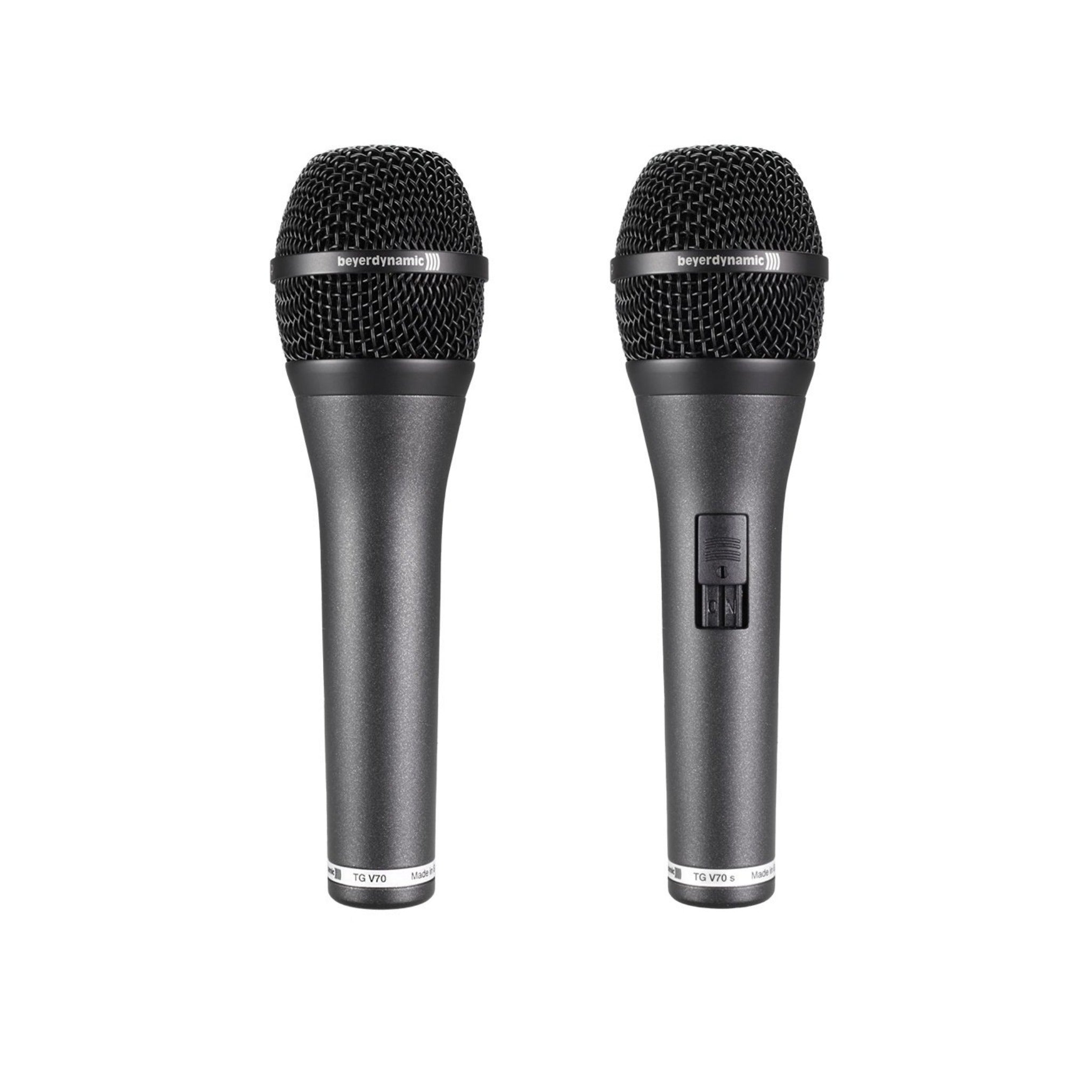 Front and rear views of two handheld black microphones with mesh heads and slide switch on one microphone.