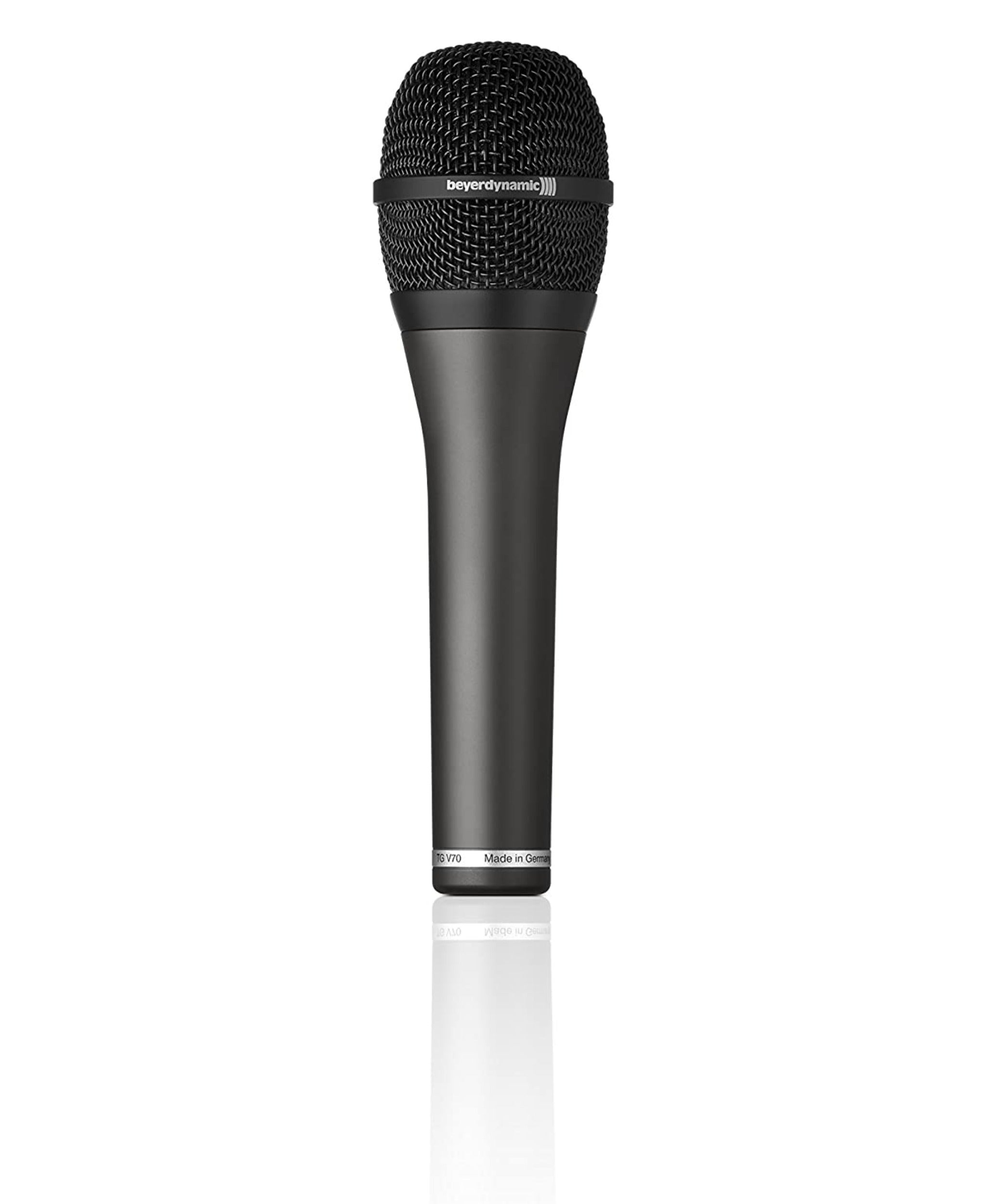 Black handheld microphone with wire mesh grille and beyerdynamic branding.