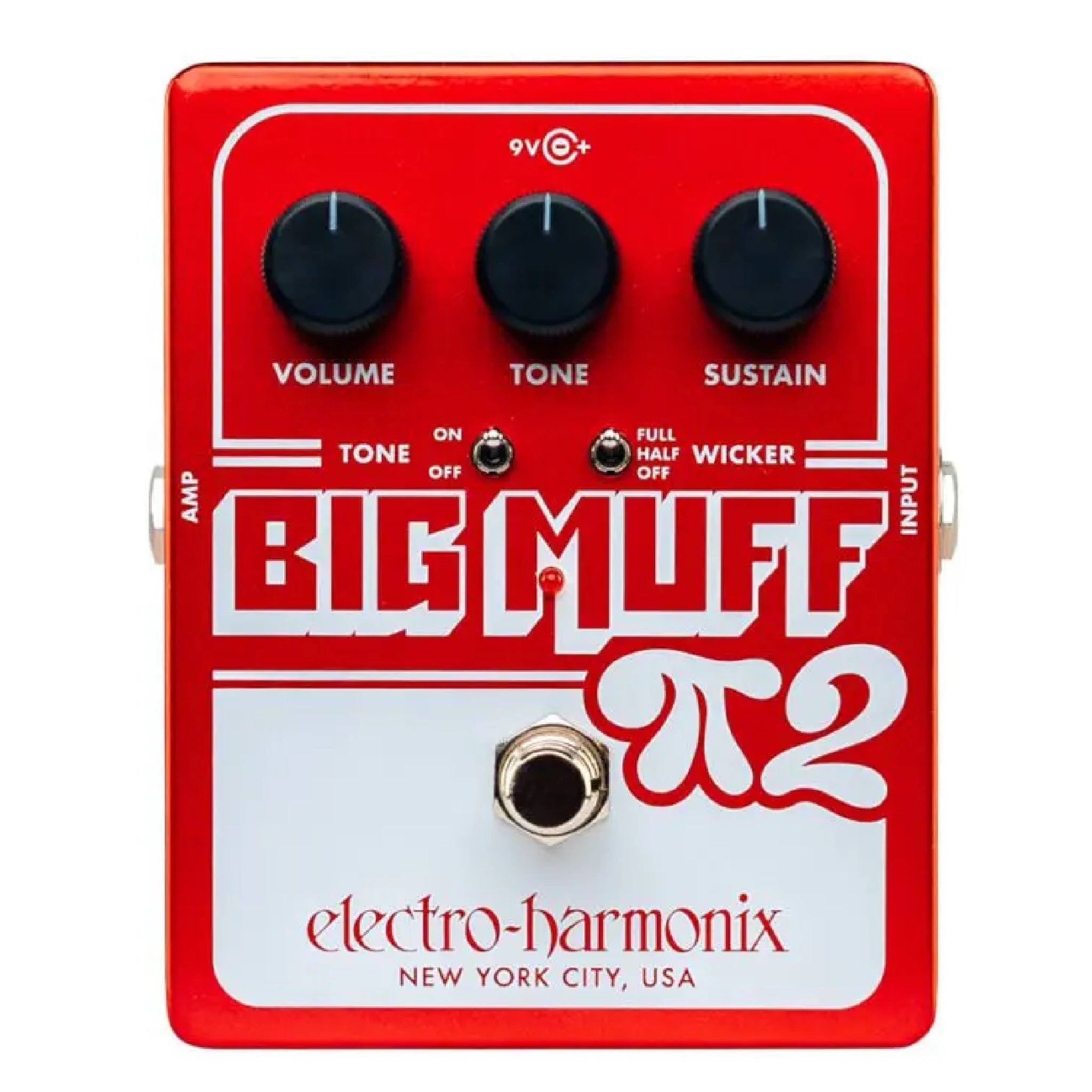 Red Electro-Harmonix Big Muff Pi 2 fuzz pedal with three knobs, two toggle switches, and one footswitch.