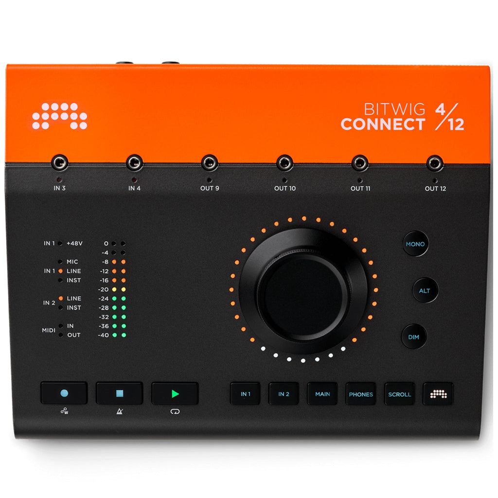 Top view of a Bitwig Connect 4/12 audio interface showing input/output jacks, large knob, and multiple buttons.