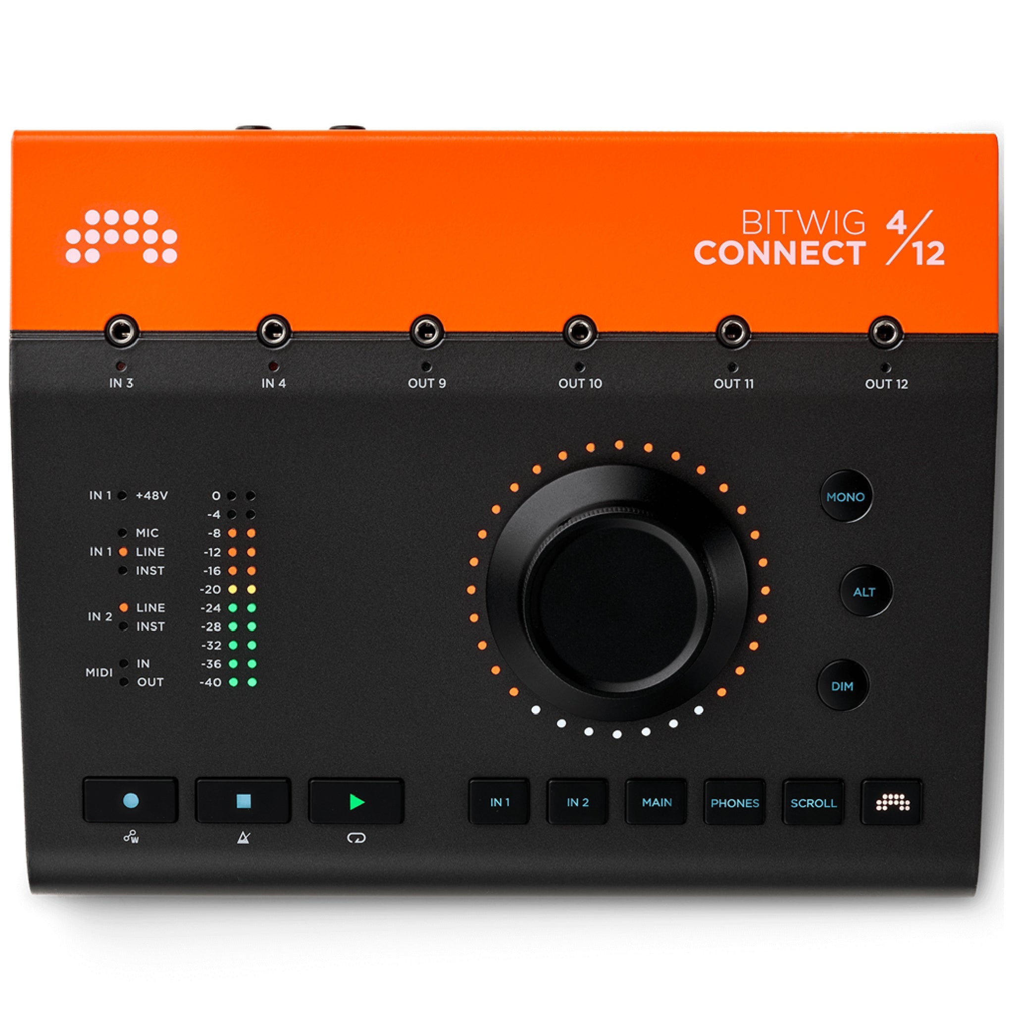 Top view of a Bitwig Connect 4/12 audio interface showing input/output jacks, large knob, and multiple buttons.