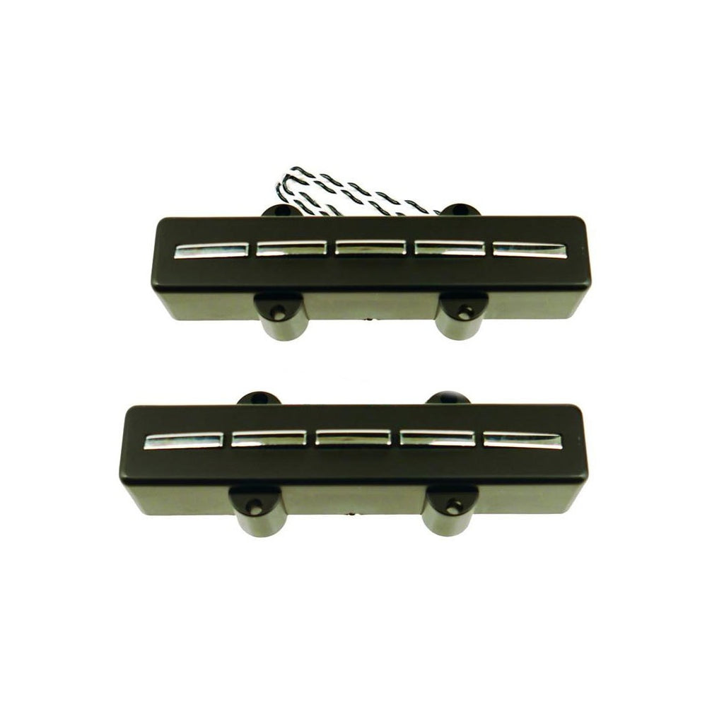 Two black rectangular pickups each with five silver blade poles and attached wire leads.