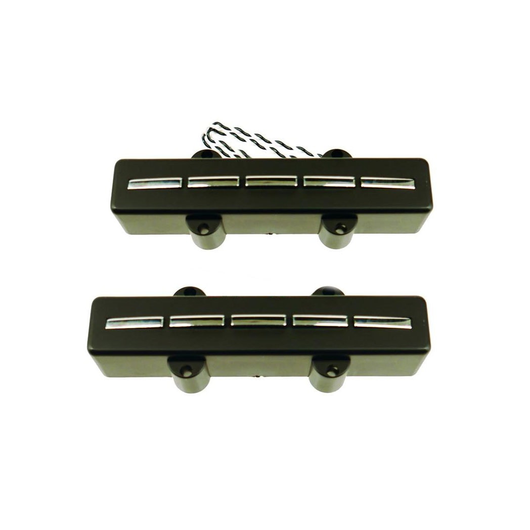 Two black rectangular pickups each with five silver blade poles and attached wire leads.