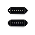 Two black rectangular guitar pickups each with six adjustable pole screws on a white background.