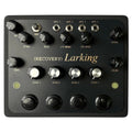 Black synthesizer with multiple knobs, toggle switch, 1/4 inch jacks, and footswitches labeled Larking.