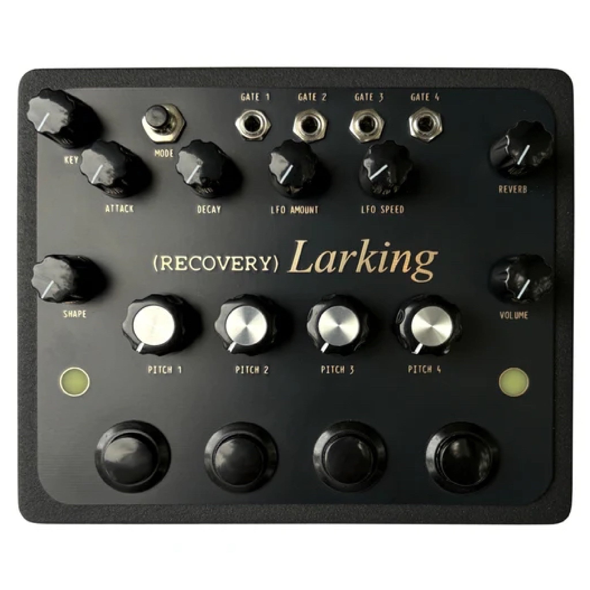 Black synthesizer with multiple knobs, toggle switch, 1/4 inch jacks, and footswitches labeled Larking.