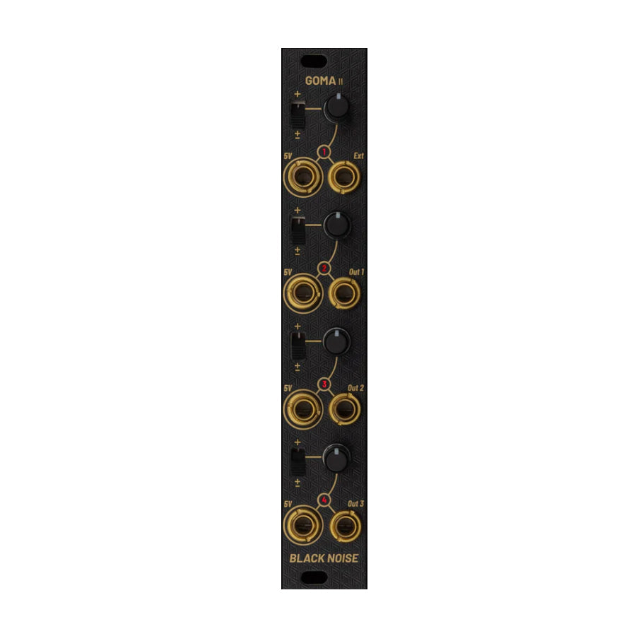 Black Noise Modular GOMA II eurorack module with four sections of knob, slider, and paired jack ports.