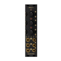 Black eurorack module with three knobs, sliders, and six jack connectors labeled with numbers and symbols.