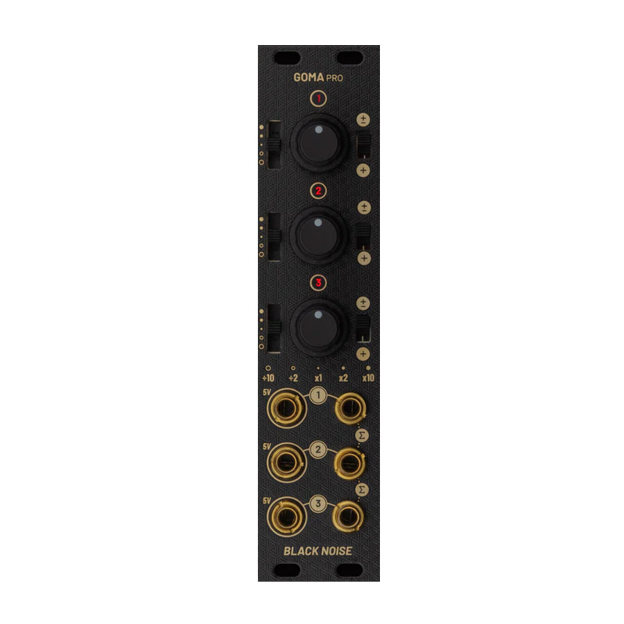 Black eurorack module with three knobs, sliders, and six jack connectors labeled with numbers and symbols.