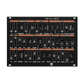 Black synthesizer control panel with sliders, knobs, toggle switches, and labeled audio jacks