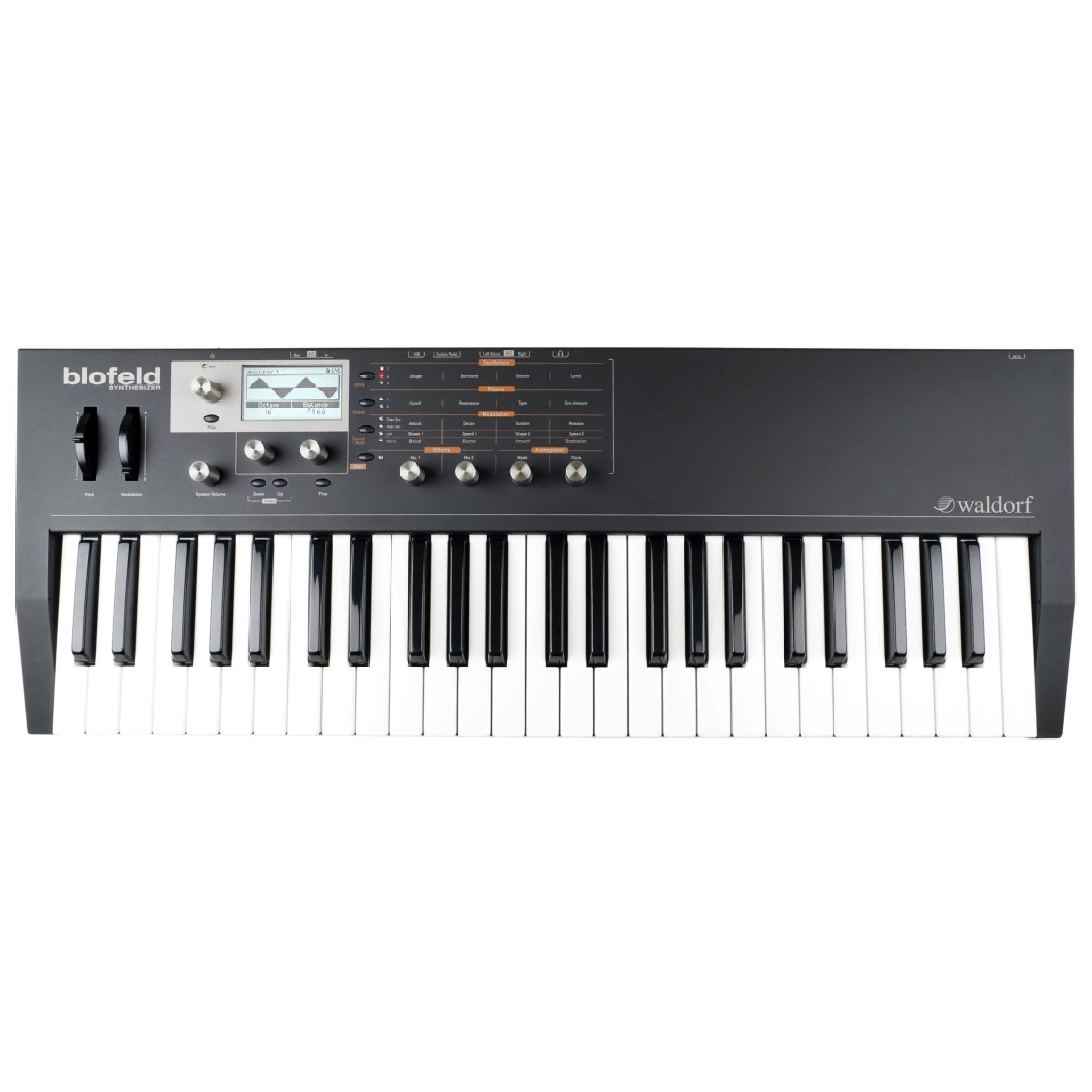 Black keyboard synthesizer with white and black keys, display screen, pitch and modulation wheels, knobs, and buttons.