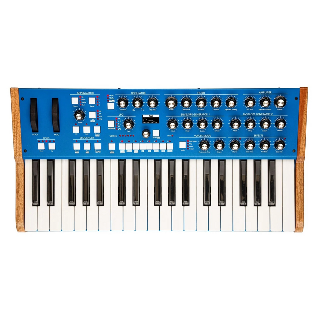 Blue keyboard synthesizer with wooden side panels and multiple knobs, buttons, and keys visible.