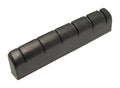 Black slotted guitar nut with six string slots on a plain white background.