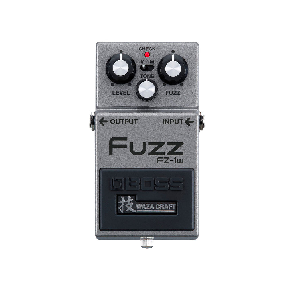 Gray Boss fuzz guitar effects pedal with knobs for level, fuzz, tone, and input/output jacks.