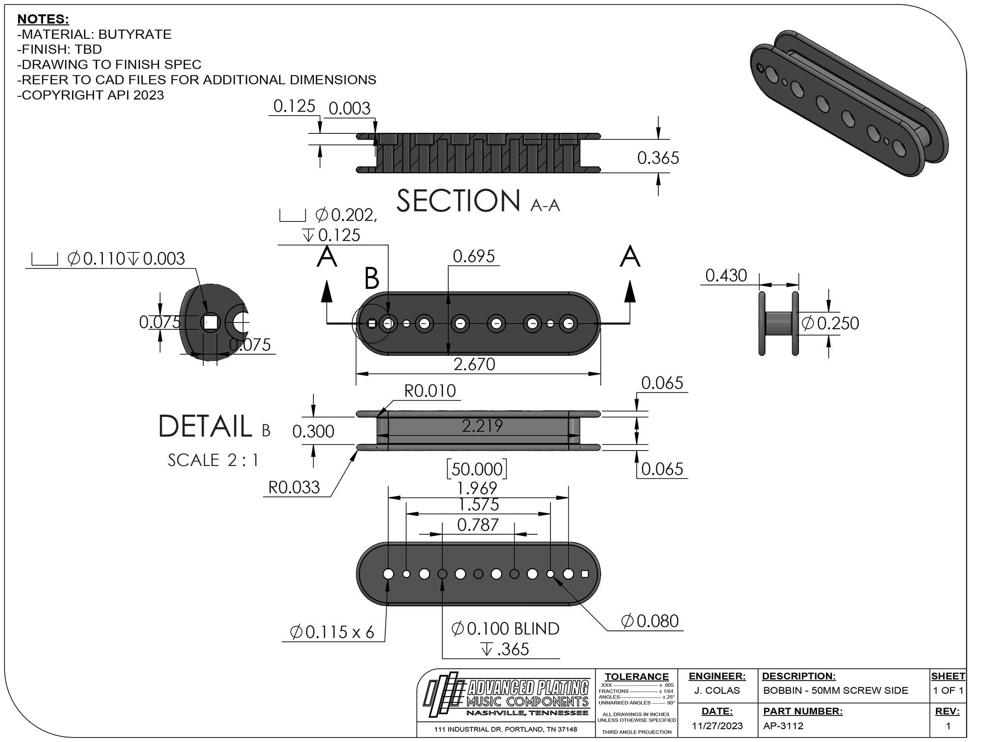 Advanced Plating Butyrate Pickup Bobbin – Humbucker 50mm P.A.F. Screw Side – Black