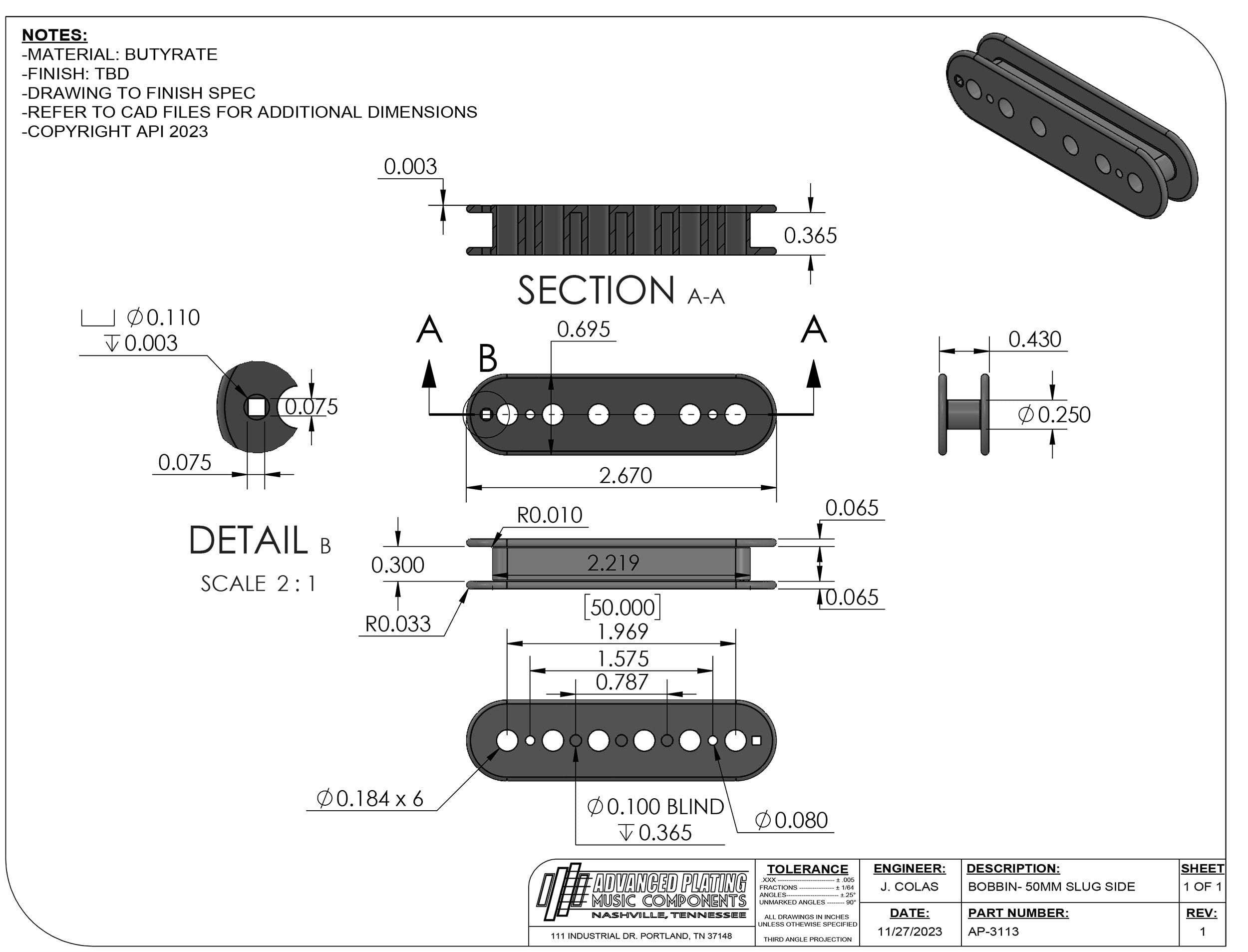 Advanced Plating Butyrate Pickup Bobbin – Humbucker 50mm P.A.F. Slug Side – Black