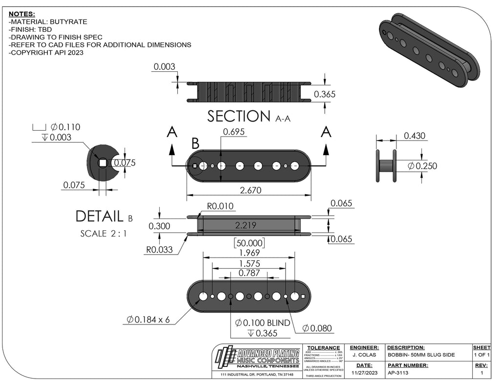 Advanced Plating Butyrate Pickup Bobbin – Humbucker 50mm P.A.F. Slug Side – Vintage White