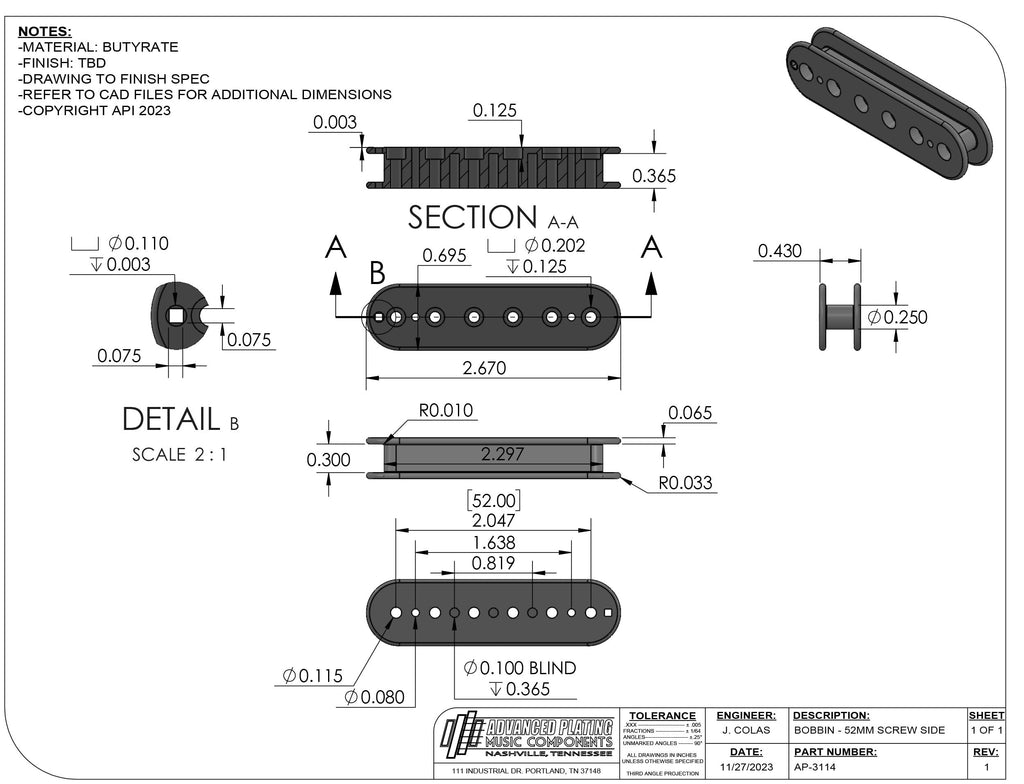 Advanced Plating Butyrate Pickup Bobbin – Humbucker 52mm P.A.F. Screw Side – Vintage Cream