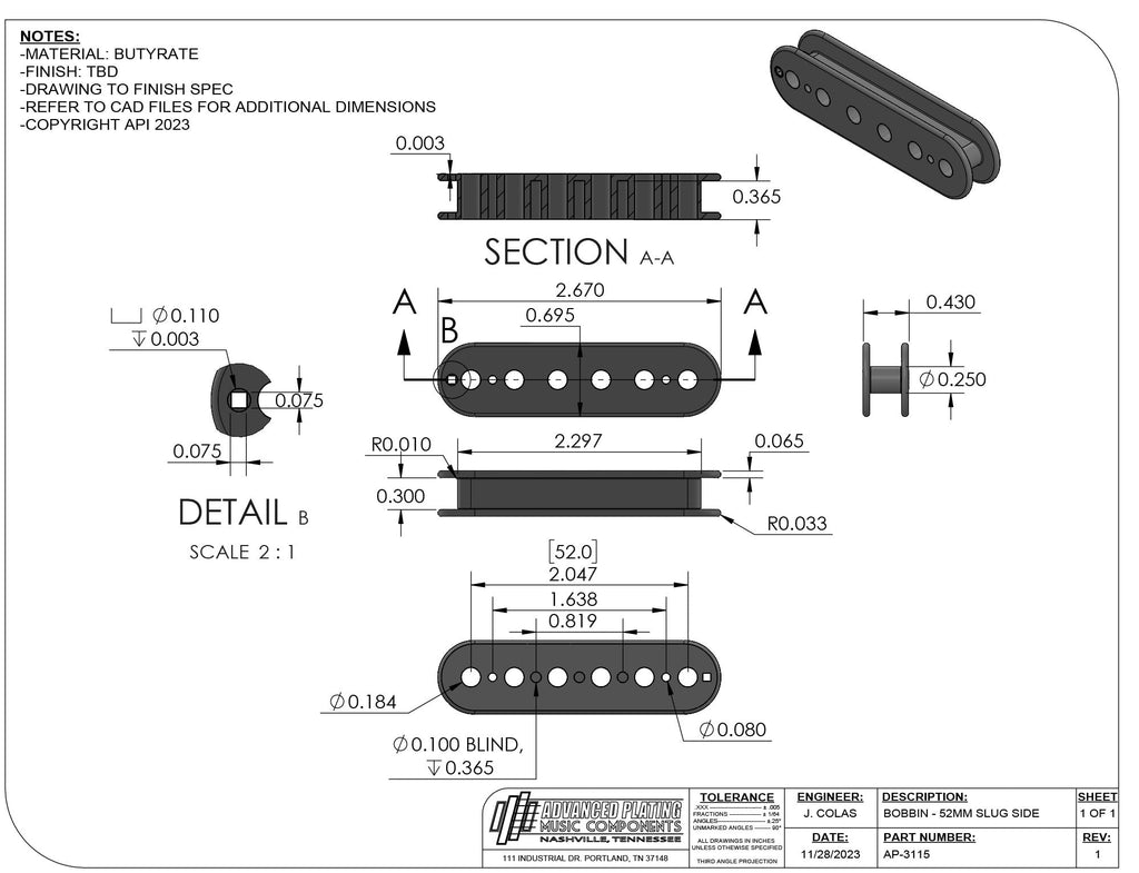 Advanced Plating Butyrate Pickup Bobbin – Humbucker 52mm P.A.F. Slug Side – Black