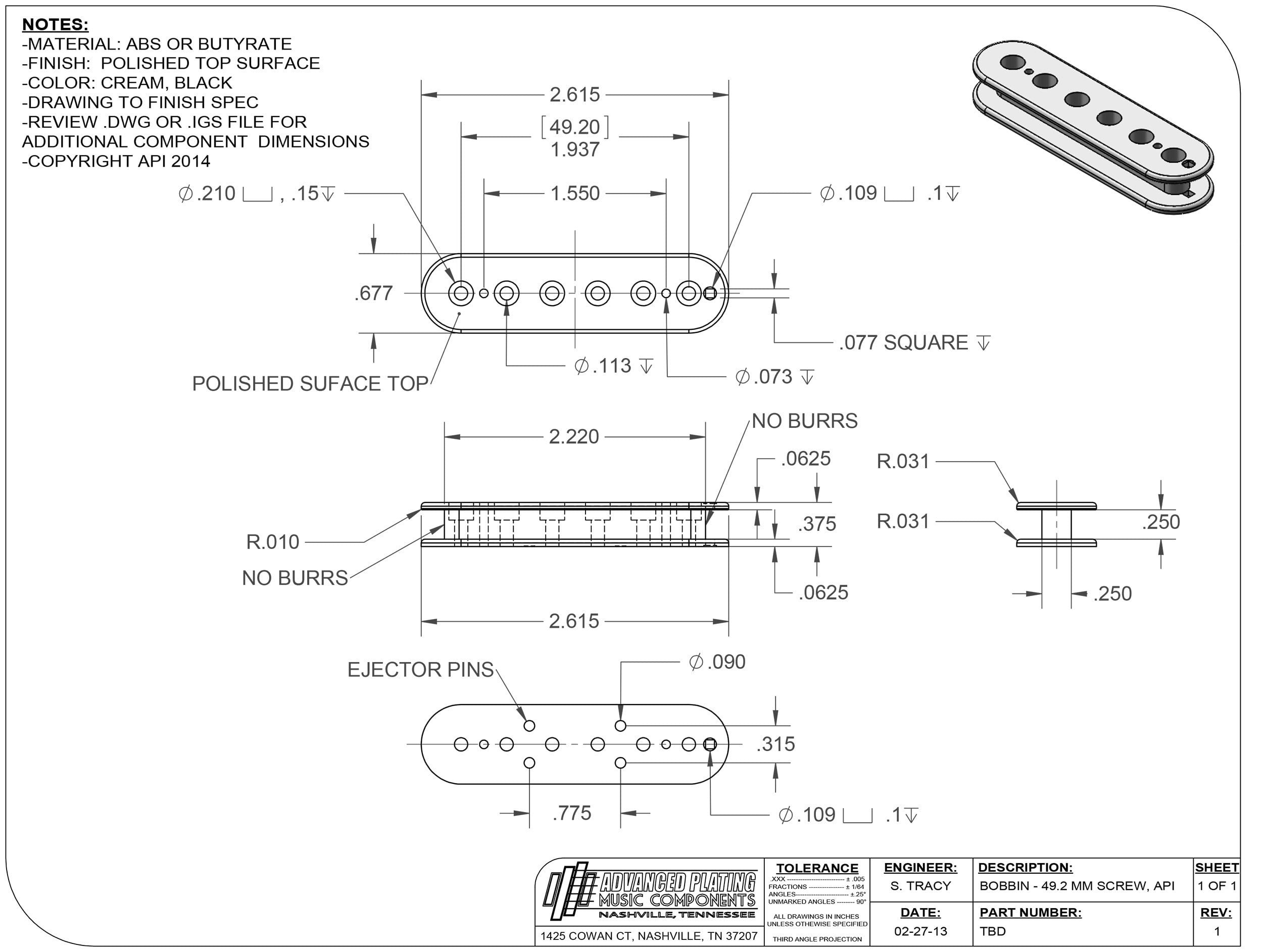 Advanced Plating Butyrate Pickup Bobbin – Humbucker 49.2mm P.A.F. Screw Side – Black