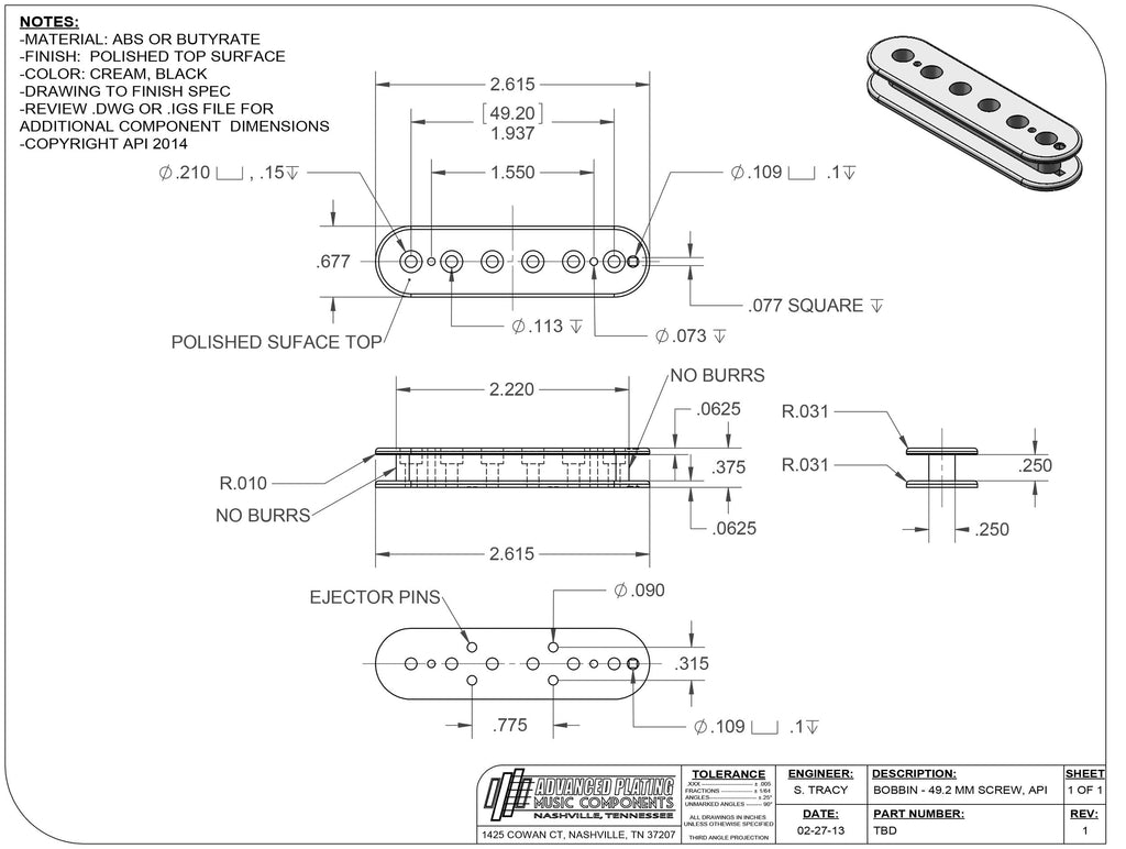 Advanced Plating Butyrate Pickup Bobbin – Humbucker 49.2mm P.A.F. Screw Side – Vintage Cream