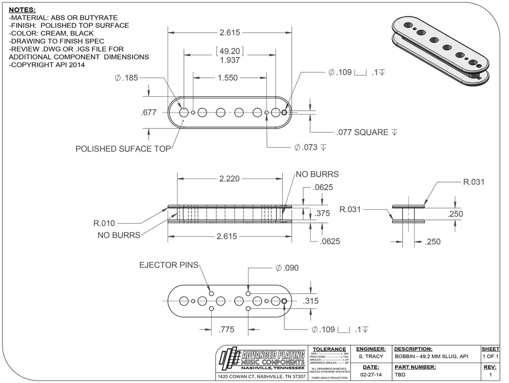 Advanced Plating Butyrate Pickup Bobbin – Humbucker 49.2mm P.A.F. Slug Side – Black
