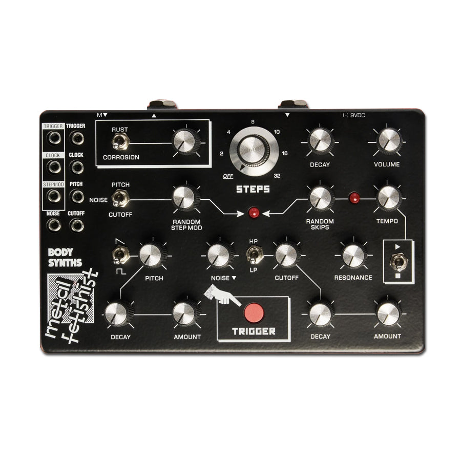 Black synthesizer module with multiple knobs, switches, and 3.5mm jacks labeled for pitch, decay, cutoff, and trigger controls.