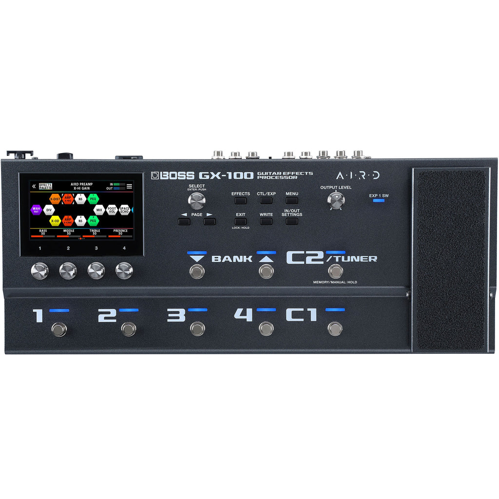 Black multi-effects guitar processor pedal with touchscreen display, multiple footswitches, knobs, and labeled controls.