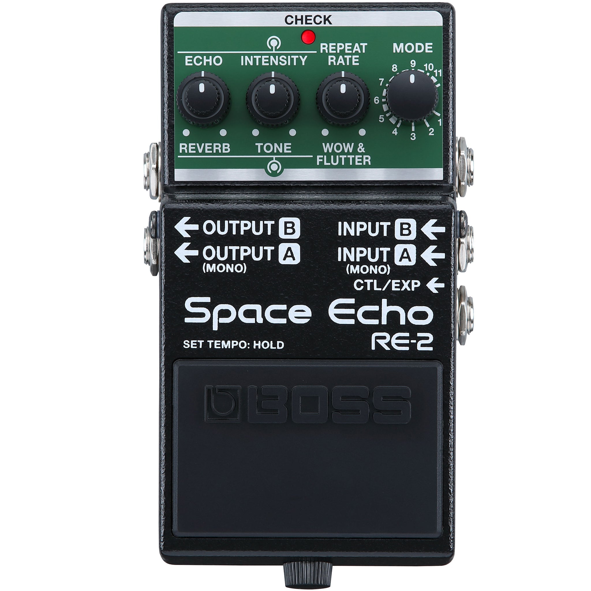 Black Boss Space Echo RE-2 guitar effects pedal with green control panel and multiple rotary knobs.