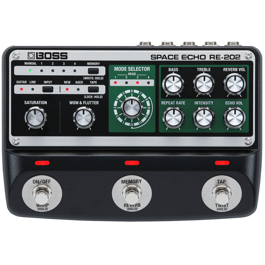 Black Boss Space Echo RE-202 delay pedal with multiple knobs, switches, and three footswitches.