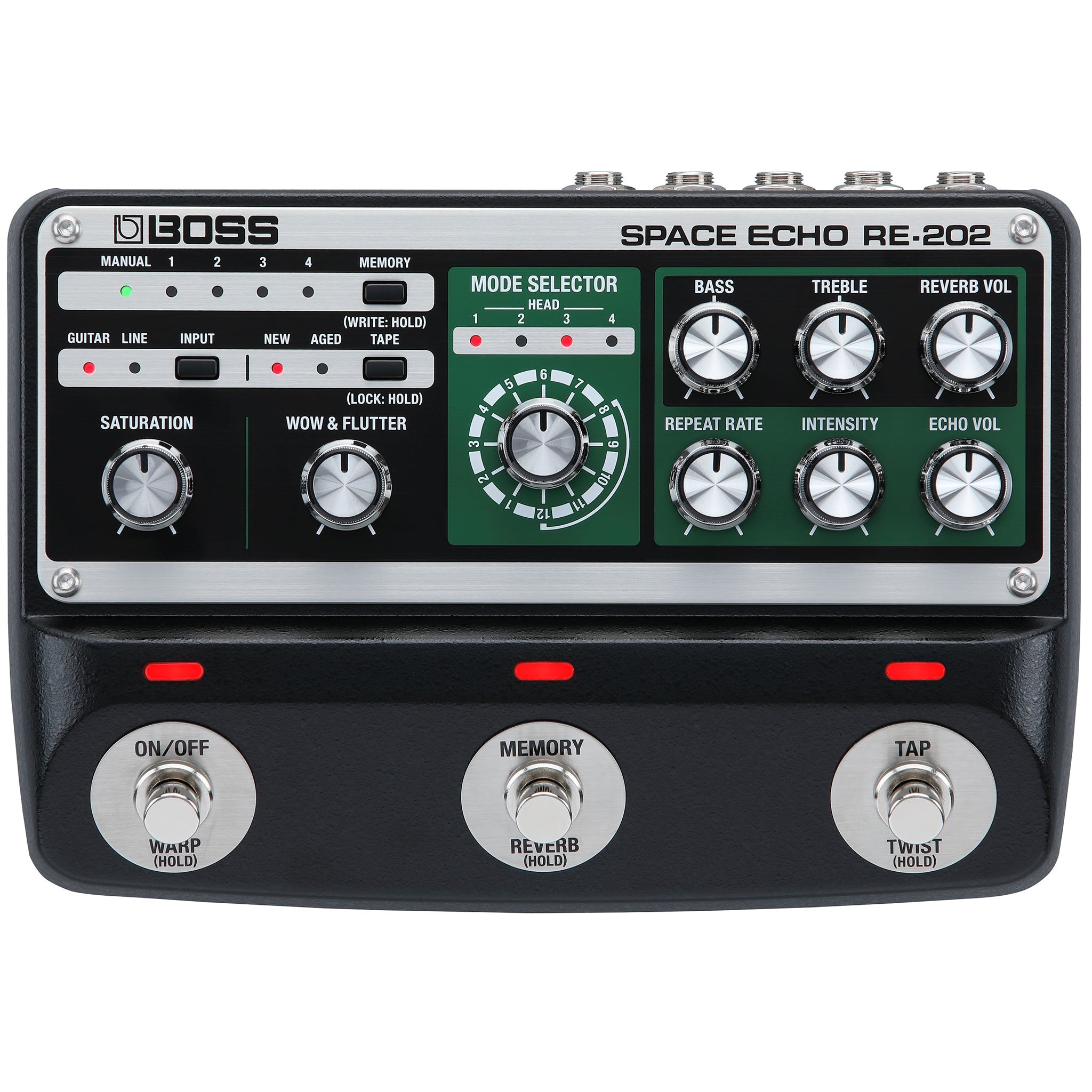 Black Boss Space Echo RE-202 delay pedal with multiple knobs, switches, and three footswitches.