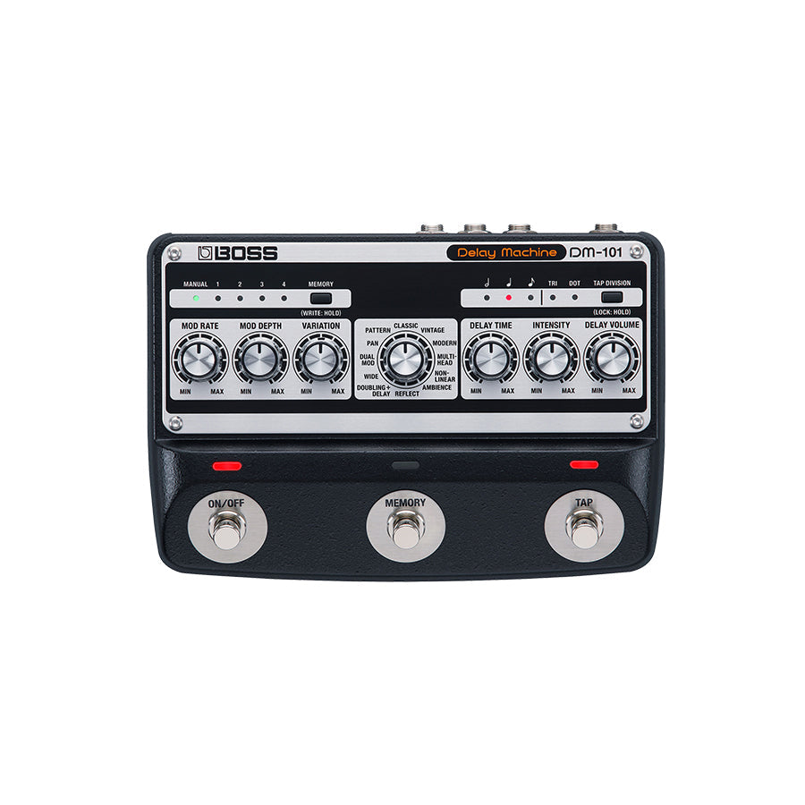 Black and silver BOSS DM-101 delay effect pedal with knobs, three footswitches, and LED indicators.