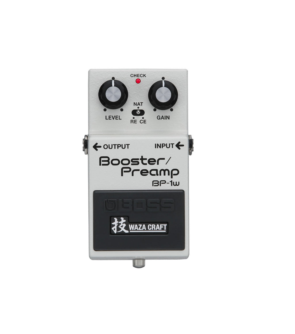 White guitar effects pedal with two knobs, toggle switch, input and output jacks, and a red status LED light.