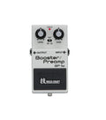 White guitar effects pedal with two knobs, toggle switch, input and output jacks, and a red status LED light.