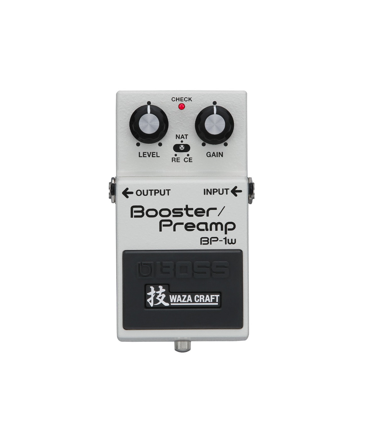 White guitar effects pedal with two knobs, toggle switch, input and output jacks, and a red status LED light.