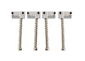 Four silver metal grooved bass bridge saddles with attached screws against a white background.
