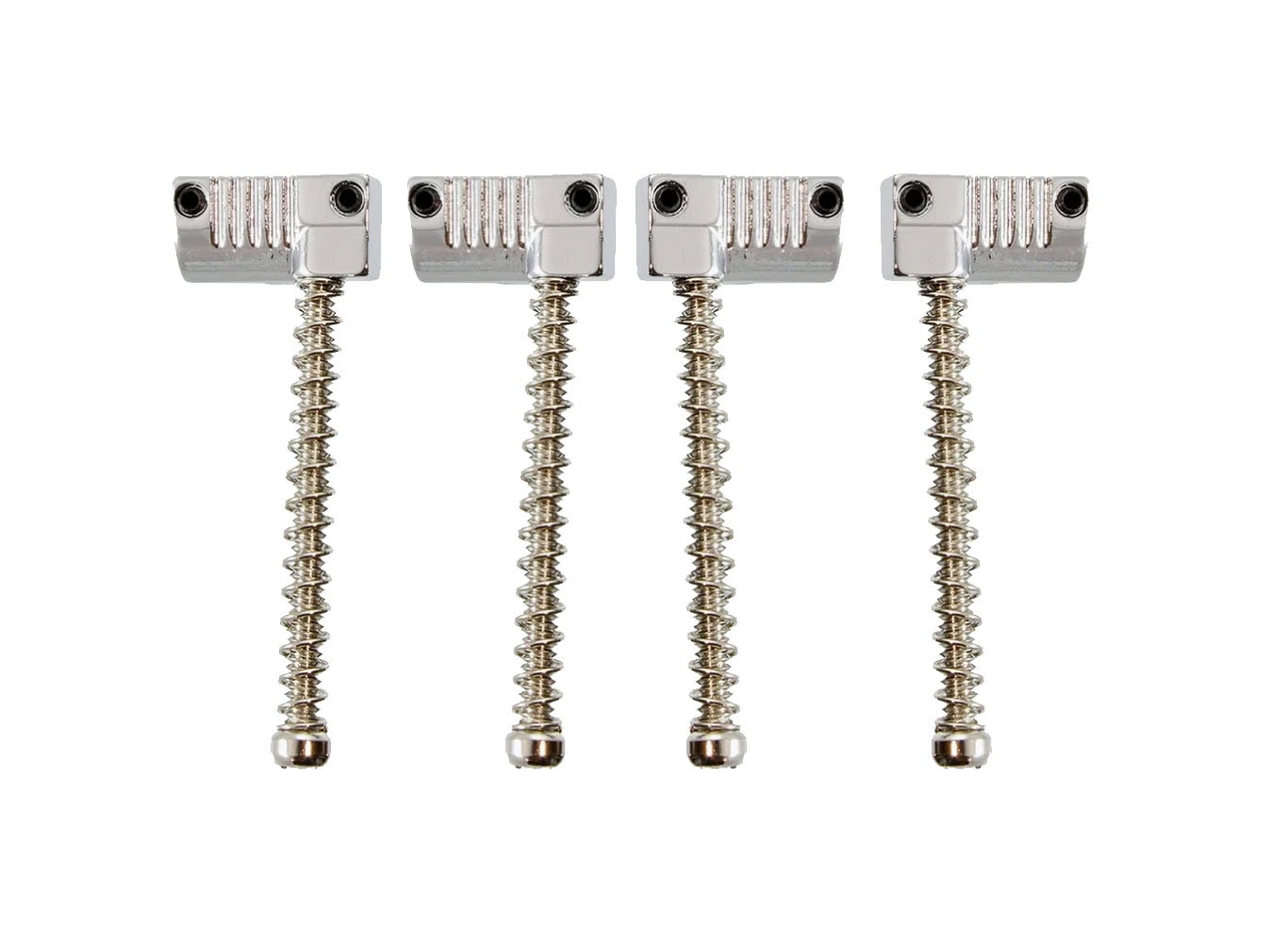 Four silver metal grooved bass bridge saddles with attached screws against a white background.