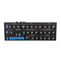 Top front view of a black desktop synthesizer with blue buttons and multiple control knobs.