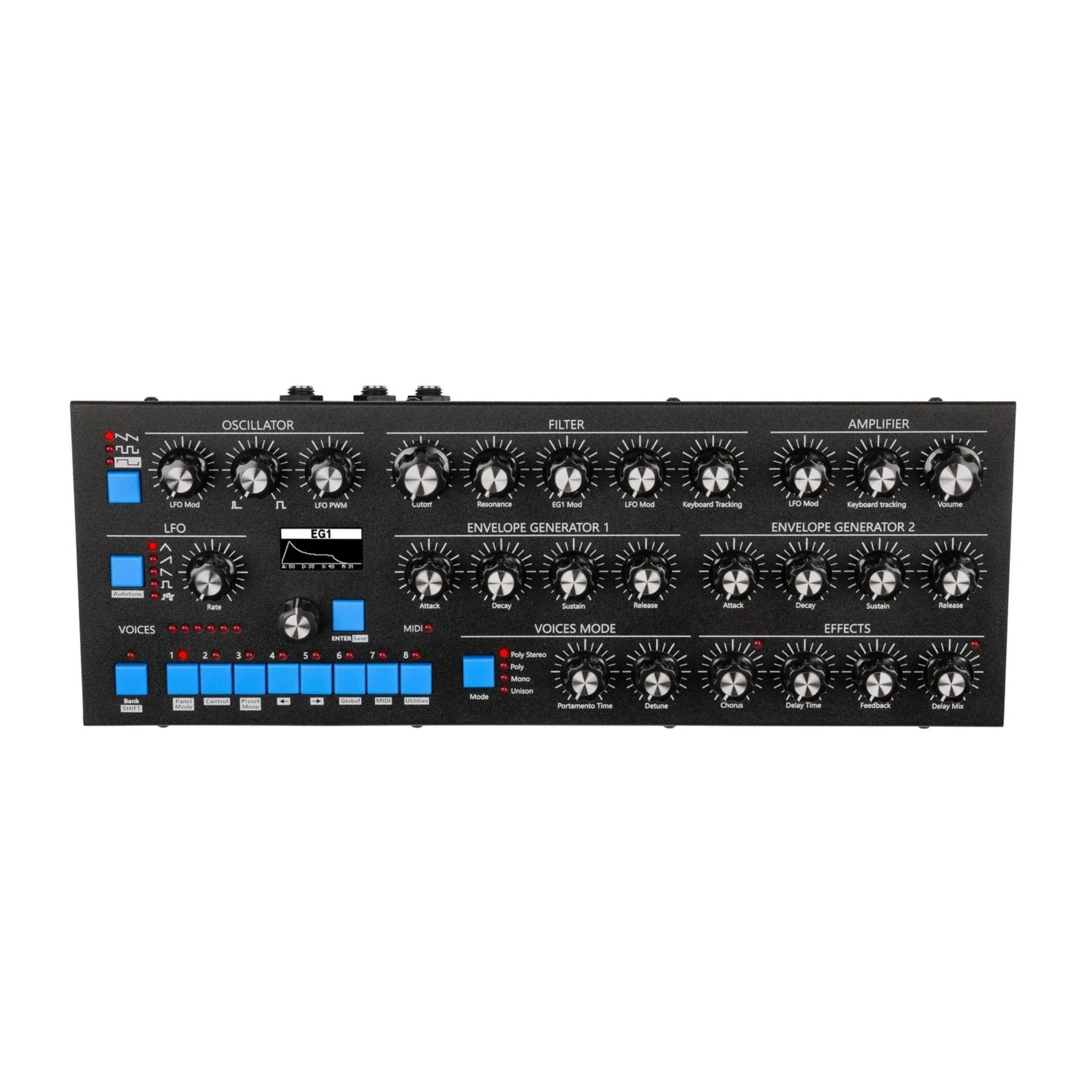 Top front view of a black desktop synthesizer with blue buttons and multiple control knobs.