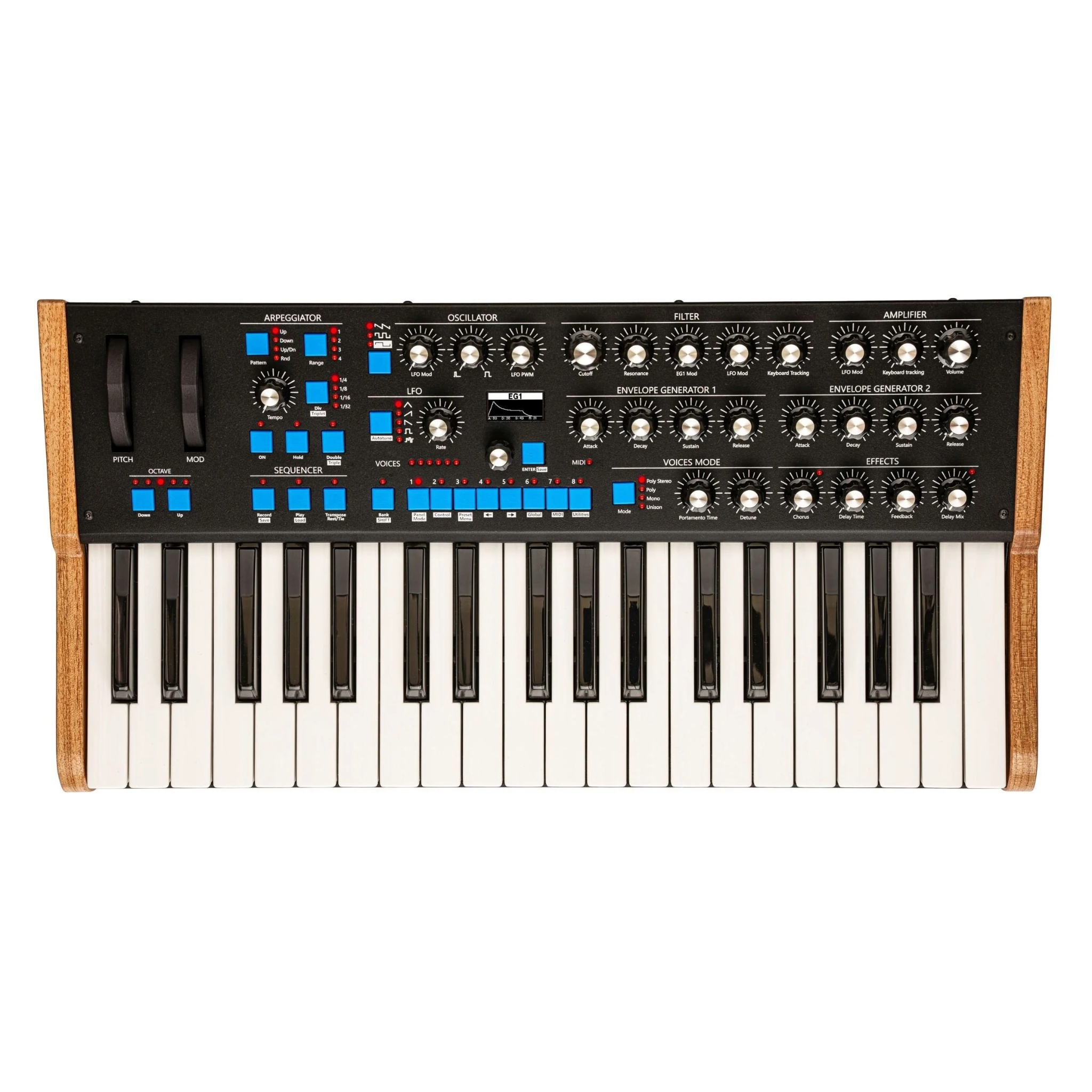 Black synthesizer keyboard with wooden sides and multiple control knobs and buttons on top panel.