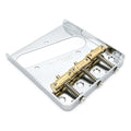 Silver guitar bridge plate with four gold brass saddles and adjustment screws.