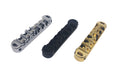 Three metal guitar bridge roller saddles in silver, black, and gold finish shown side by side on white background.