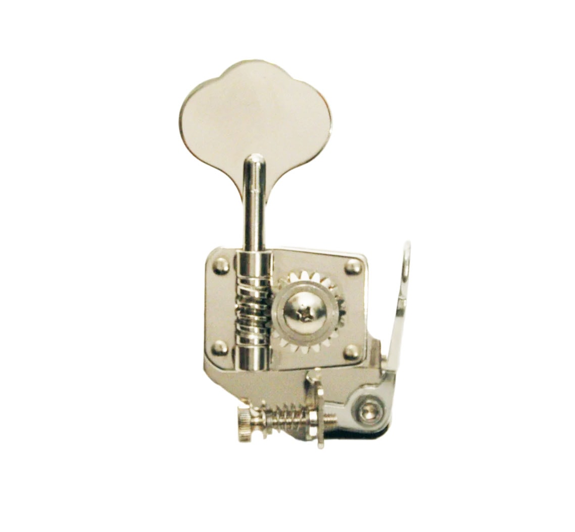 A silver-colored metal bass guitar tuning key with a clover-shaped tuning key head.