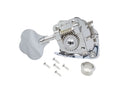 Silver metal bass guitar tuning machine with five screws and a bushing on a white background.