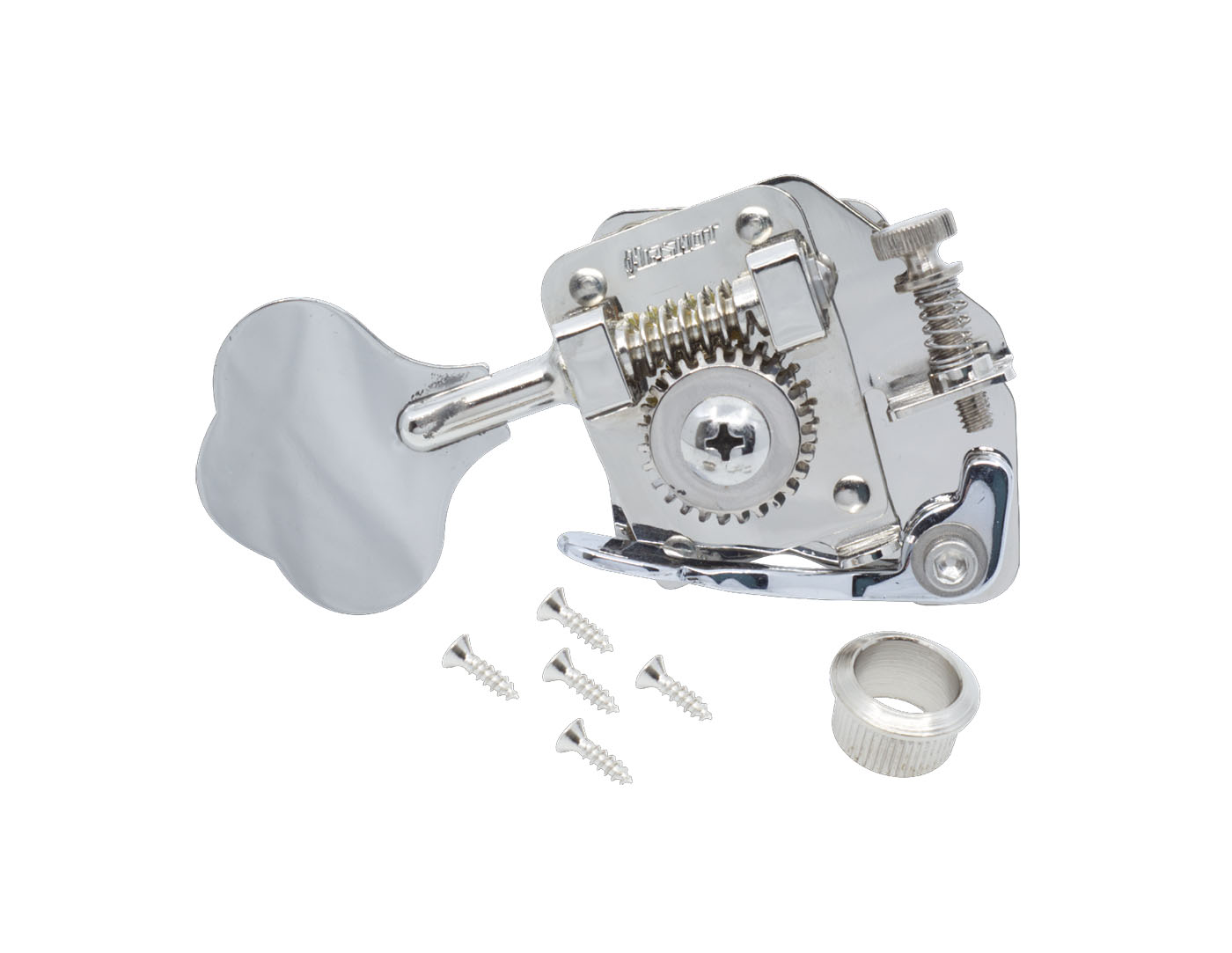 Silver metal bass guitar tuning machine with five screws and a bushing on a white background.