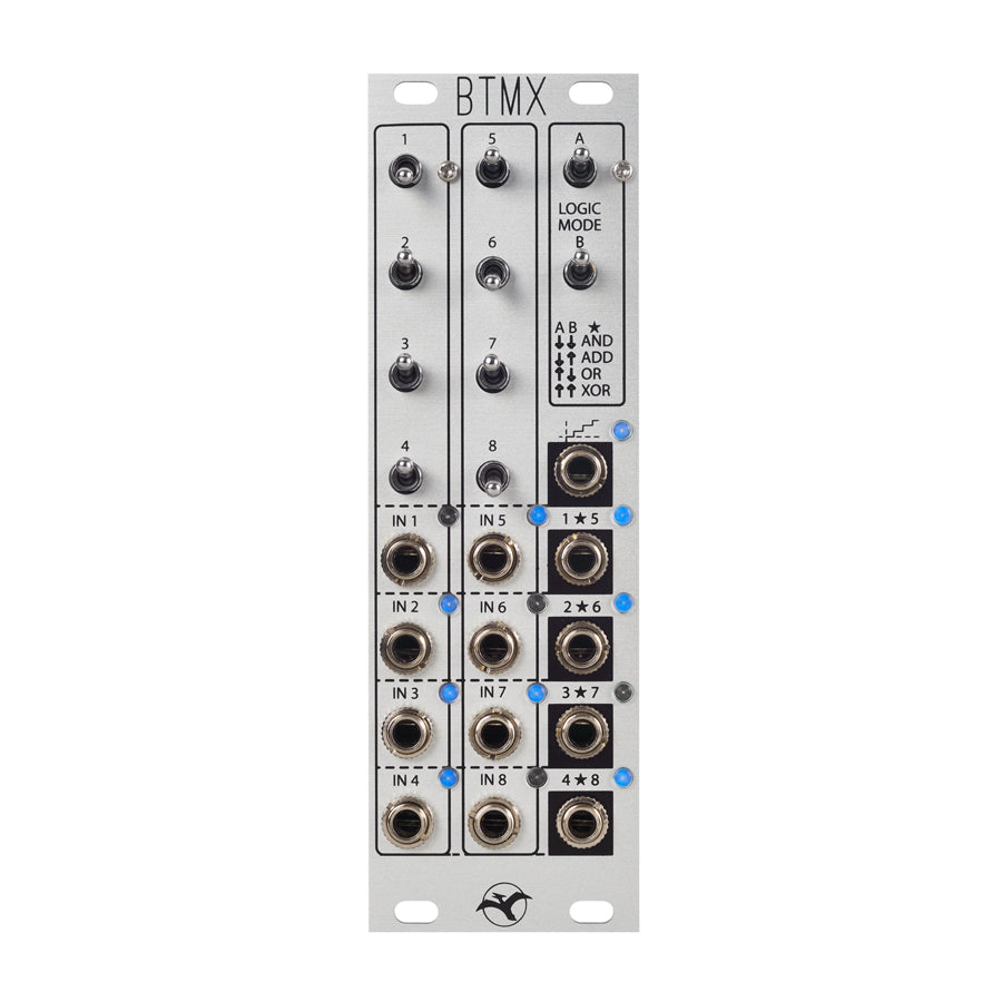 Silver Eurorack module with toggle switches and 3.5mm input and output jacks for eight channels.