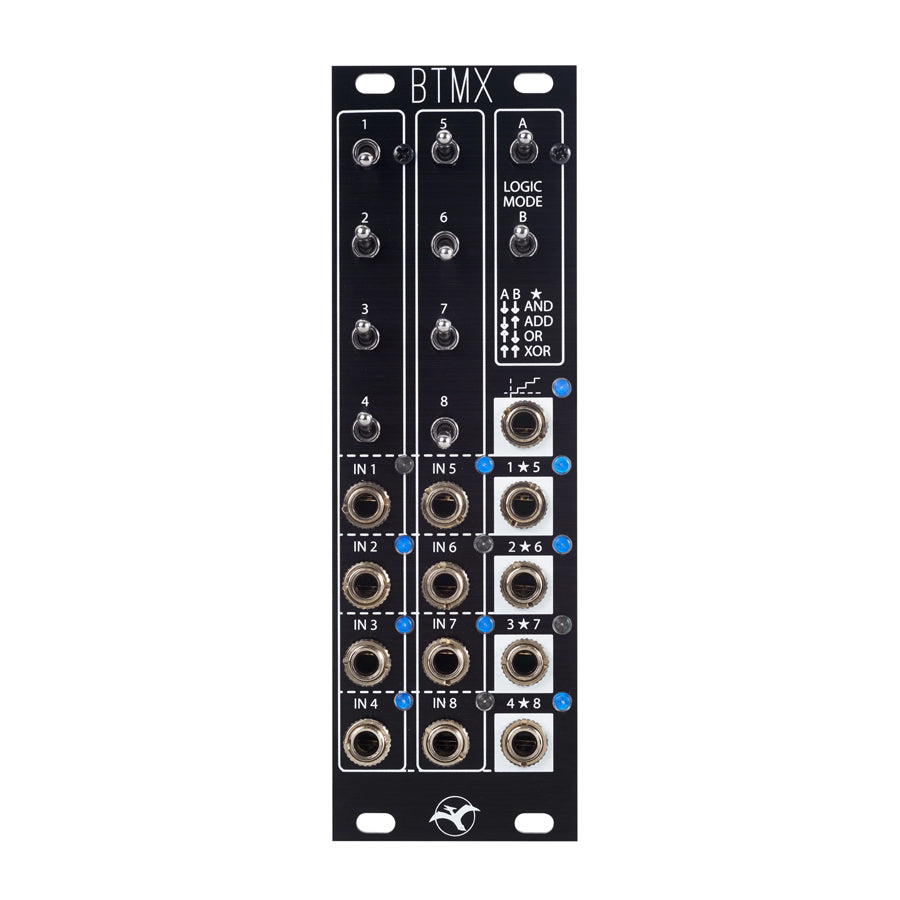Black Eurorack module with switches and multiple audio jacks labeled for inputs and logic modes.